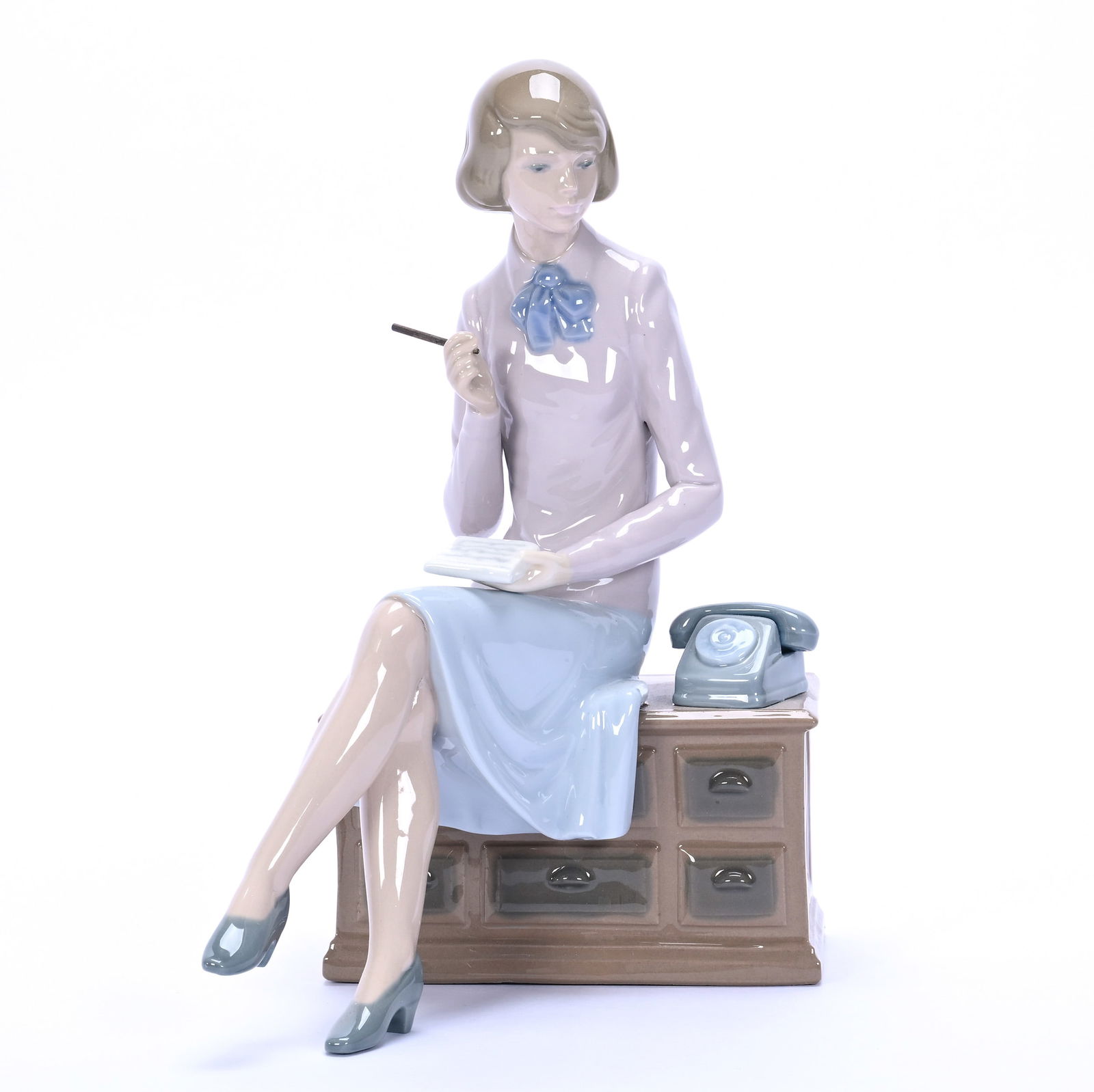 Figurine Marked NAO Lladro, Secretary Sitting Near Phone On Desk (1 of 3)