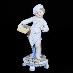 French Bisque Figurine, Girl With Nightcap Carrying Basket