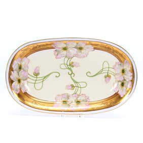 Oval Tray Marked Pickard, Pink Twin Poppy Pattern, Nice Gold