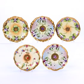 (5) Plates Marked Pickard, Various Violet And Pansy Decors