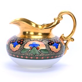 Cider Pitcher Marked Pickard, Novelty Floral Band, Heavy Gold Trim