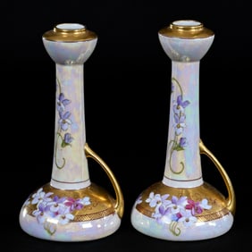 Pair Chambersticks Marked Pickard, White Luster With Heavy Gold Trim