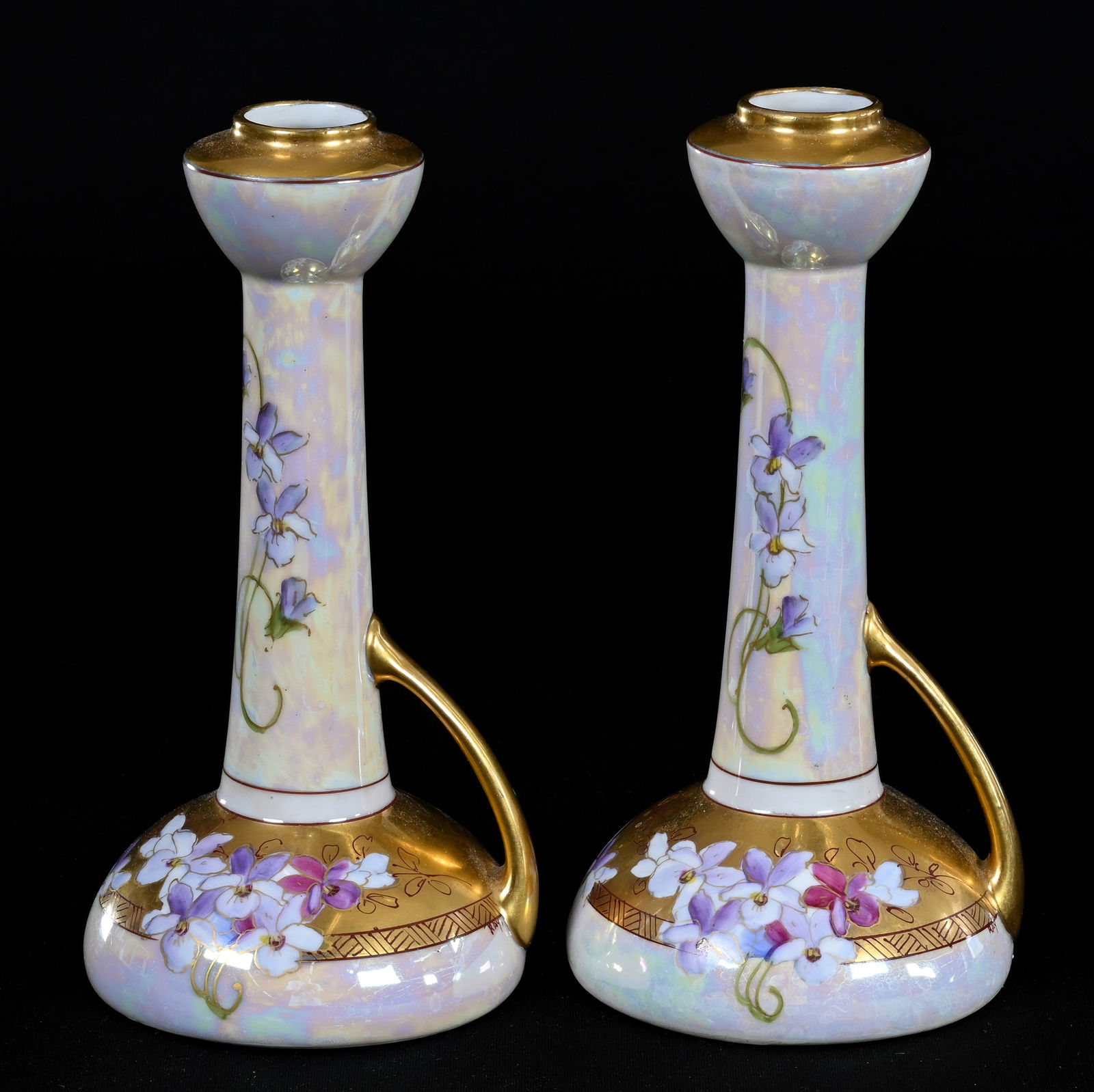 Pair Chambersticks Marked Pickard, White Luster With Heavy Gold Trim (1 of 4)