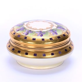 Round Covered Box Marked Pickard, Violets On Green Leaves Decor