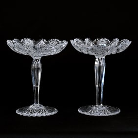 Pair Compotes, American Brilliant Cut Glass, Hobstar, Cane And Star Motif
