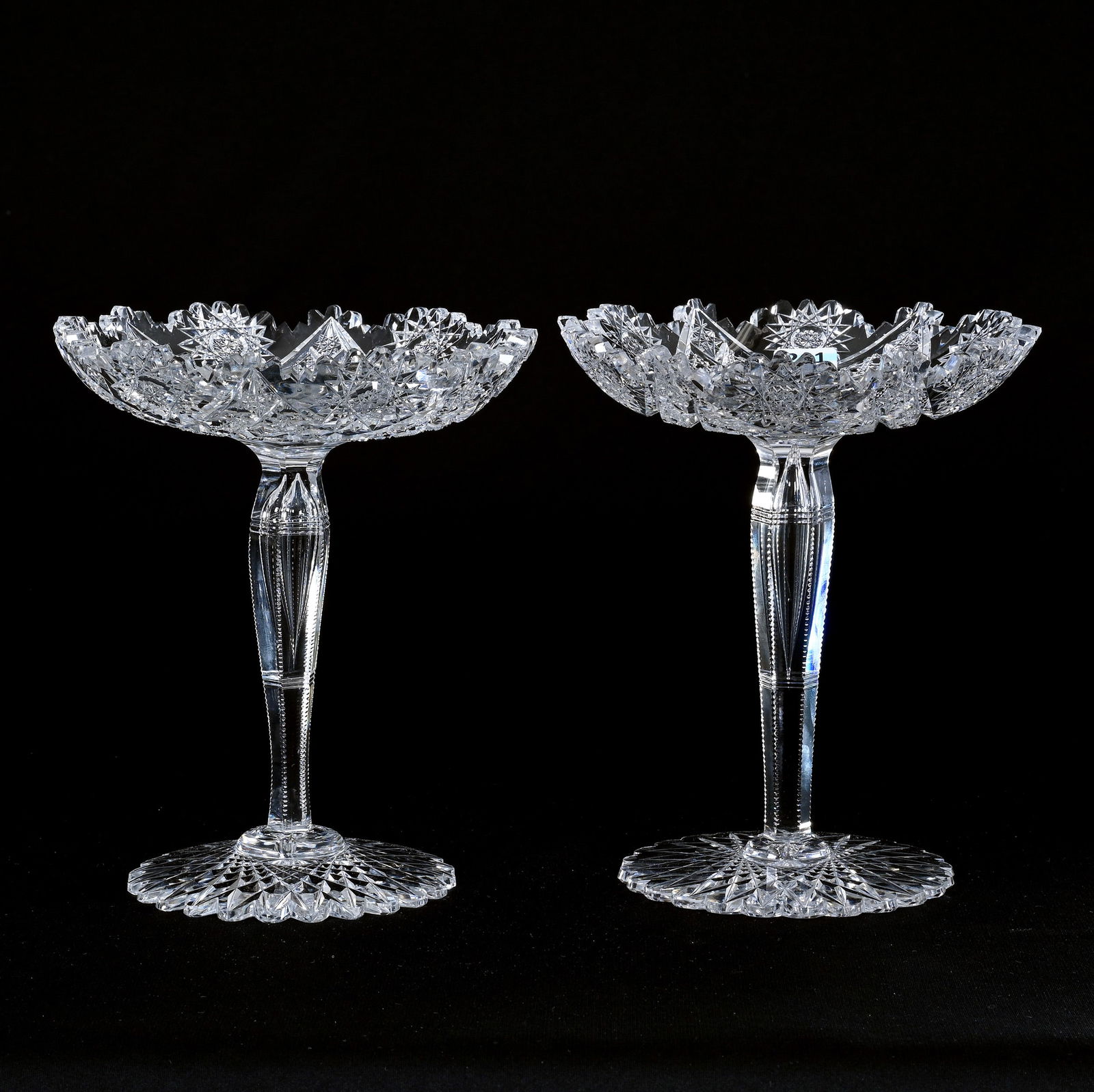 Pair Compotes, American Brilliant Cut Glass, Hobstar, Cane And Star Motif (1 of 3)