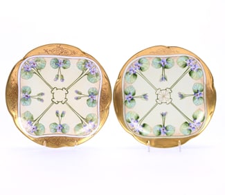 Pair Plates Marked Pickard, Violet And Green Leaf Decor