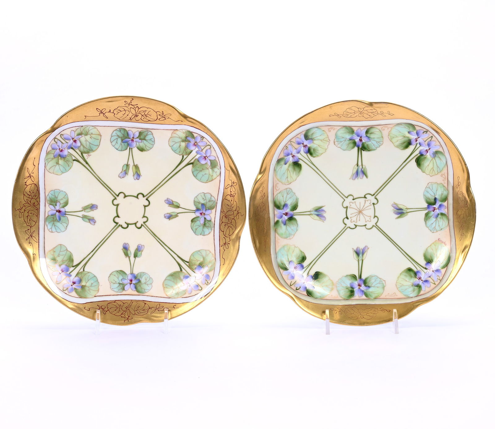Pair Plates Marked Pickard, Violet And Green Leaf Decor (1 of 4)
