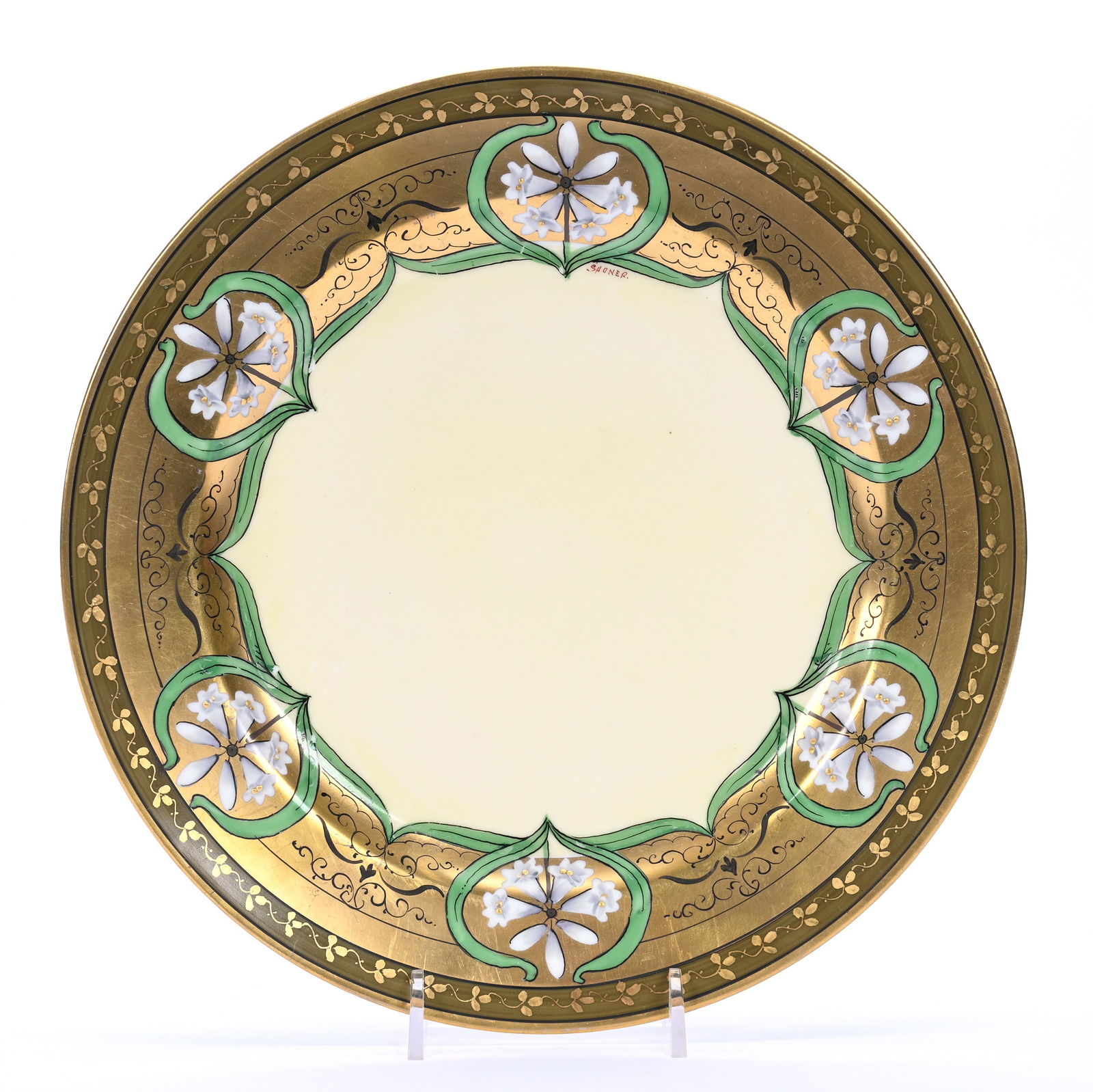 Plate Marked Pickard, Lily Decor With Green Leaf & Heavy Gold Border (1 of 3)