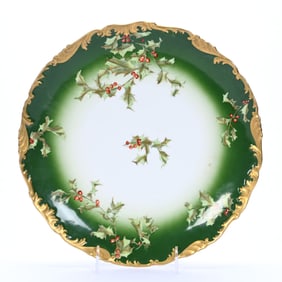 Round Tray Marked T & V Limoges, White & Green, Christmas Holly Decor