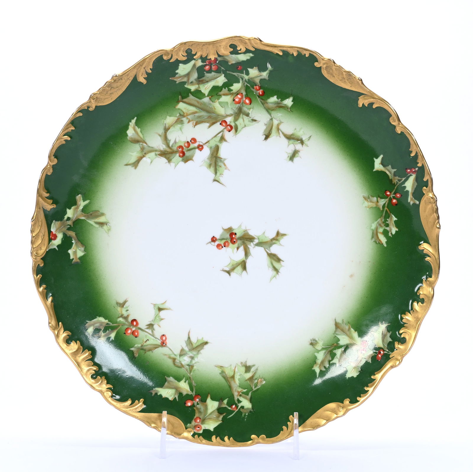 Round Tray Marked T & V Limoges, White & Green, Christmas Holly Decor (1 of 2)
