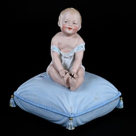 Figural Covered Box, German Bisque Marked Heubach