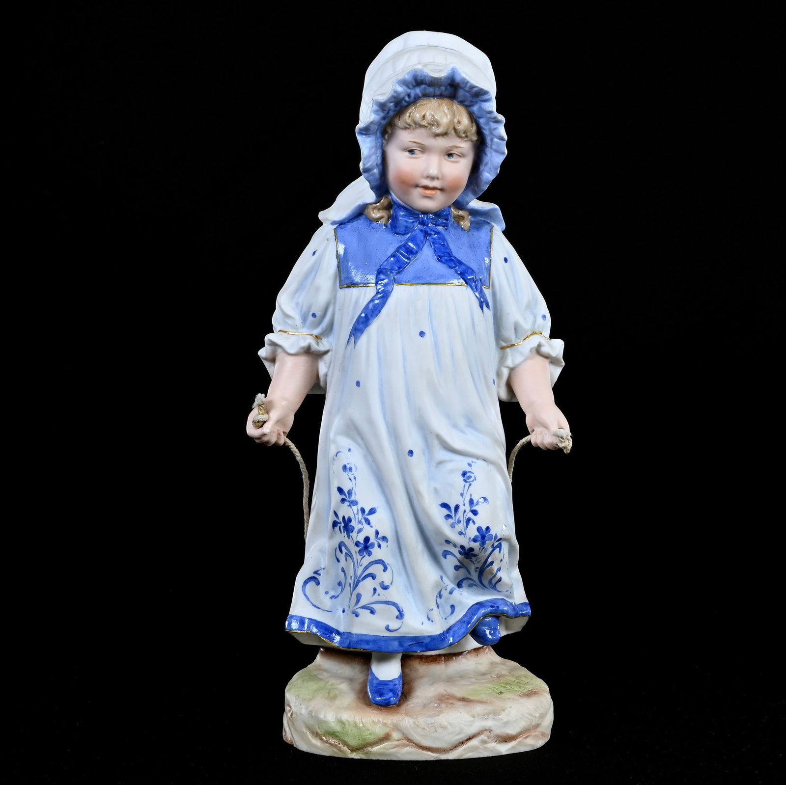 Figurine, German Bisque Marked Heubach: Figurine, German Bisque Marked Heubach, 12.5" x 5.75", Young Girl Jumping Rope, Illinois Private Collection.
