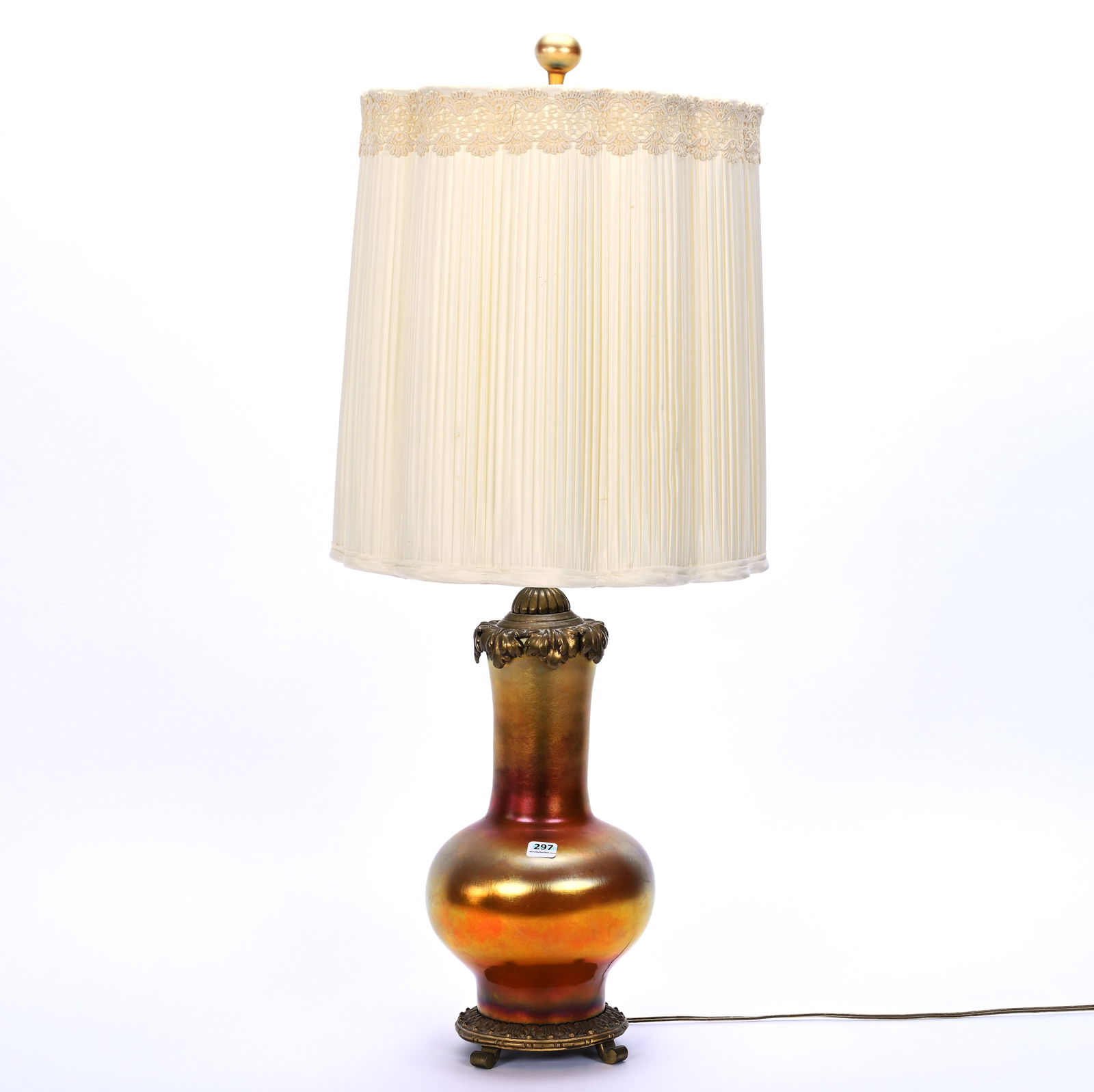 Table Lamp, Unmarked Steuben Gold Aurene Art Glass Vase: Table Lamp, Unmarked Steuben Gold Aurene Art Glass Vase, 31" x 12.5", Converted To Lamp Base, Gilt Metal Fittings, Scalloped & Pleated Fabric Shade, Converted Stopper/Finial, Electrified, Single Light