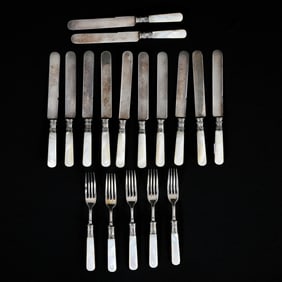 Flatware Set, (17) Piece, Pearl Handles, Blades Marked "American Cutlery Company"