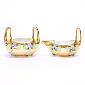 Creamer And Sugar Set Marked Pickard, Violet & Green Leaf Pattern