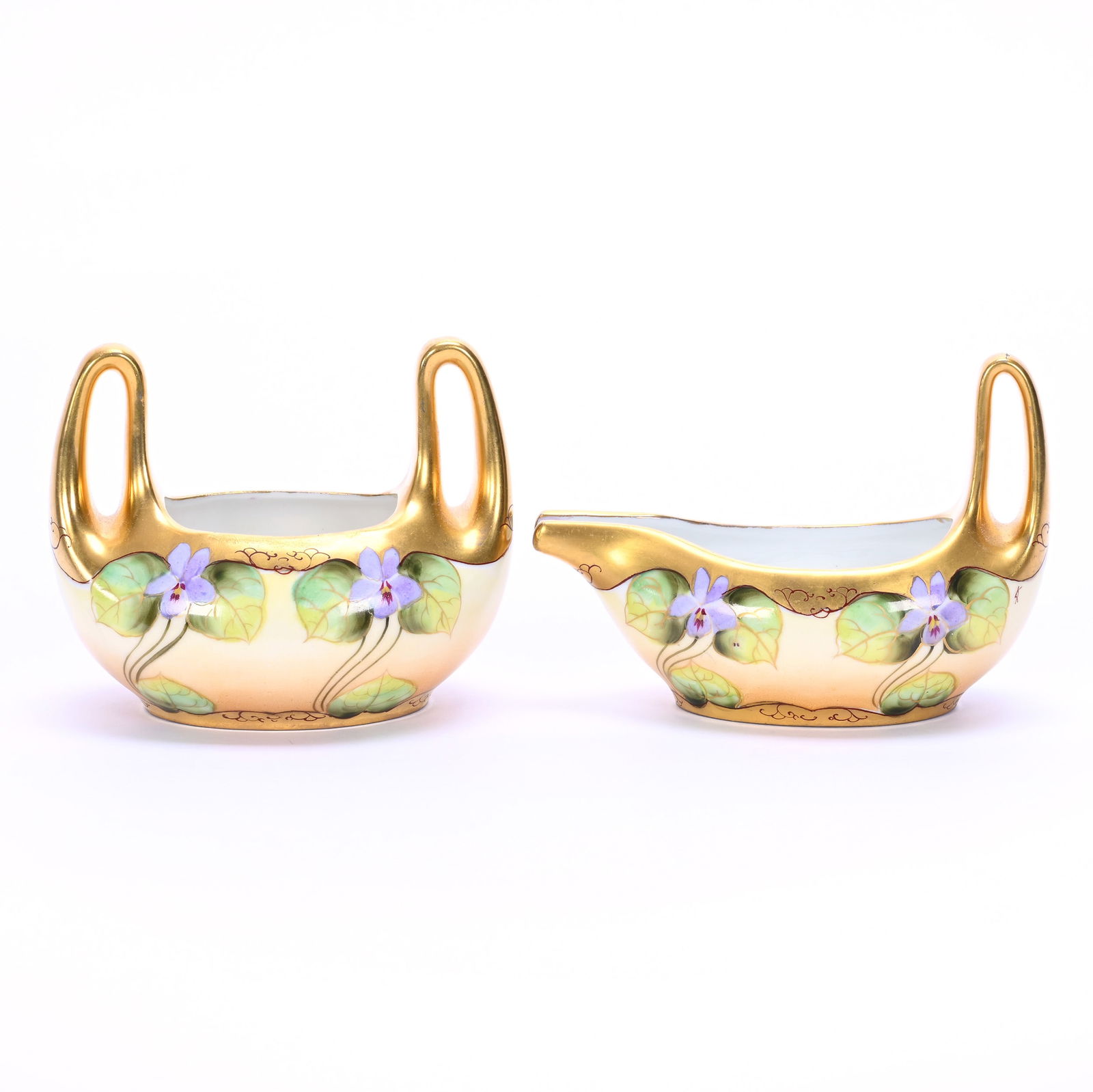 Creamer And Sugar Set Marked Pickard, Violet & Green Leaf Pattern (1 of 4)