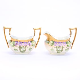 Creamer And Sugar Set Marked Pickard, Violet & Green Leaf Pattern