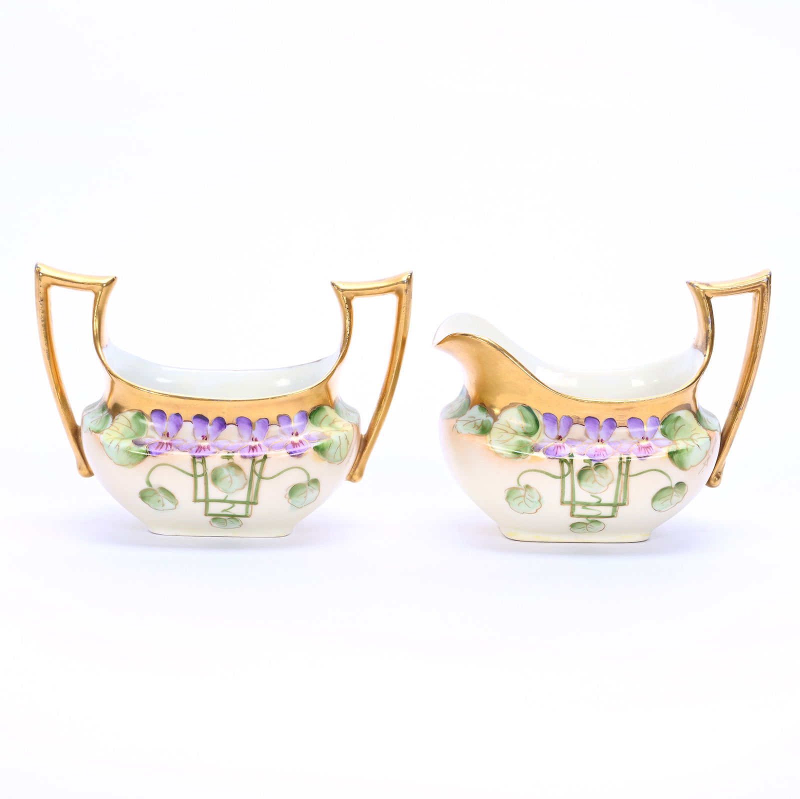 Creamer And Sugar Set Marked Pickard, Violet & Green Leaf Pattern (1 of 4)