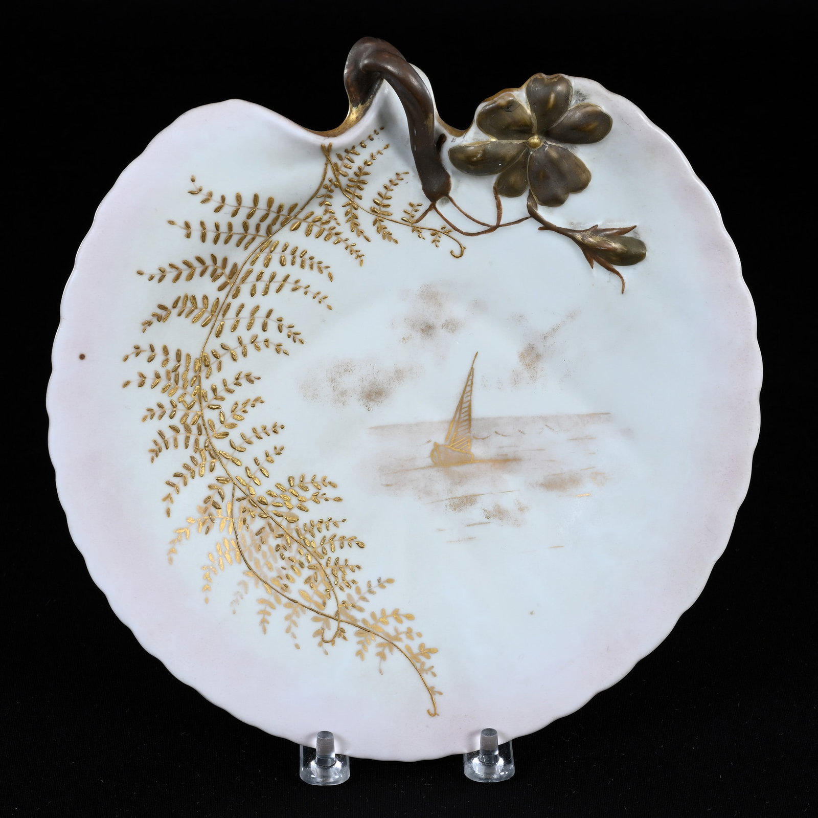 Handled Plate Marked Leonard Vienna: Handled Plate Marked Leonard Vienna, 8.75", Pink And Cream Tones, Gold Enamel Fern And Gold Stencil Sailboat Decor, Ed Kukla Estate Collection, MI.