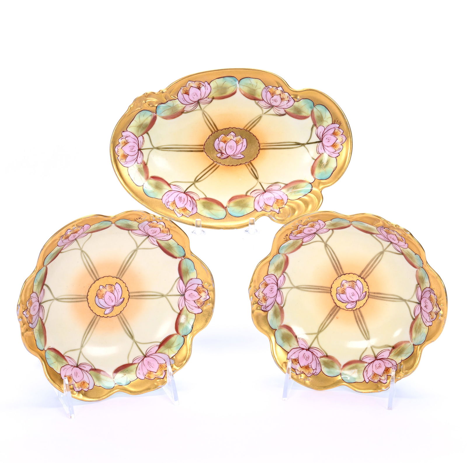 (3) Items Marked Pickard, Waterlily Decor, Heavy Gold Border, Artist Signed H. E. M. (1 of 3)