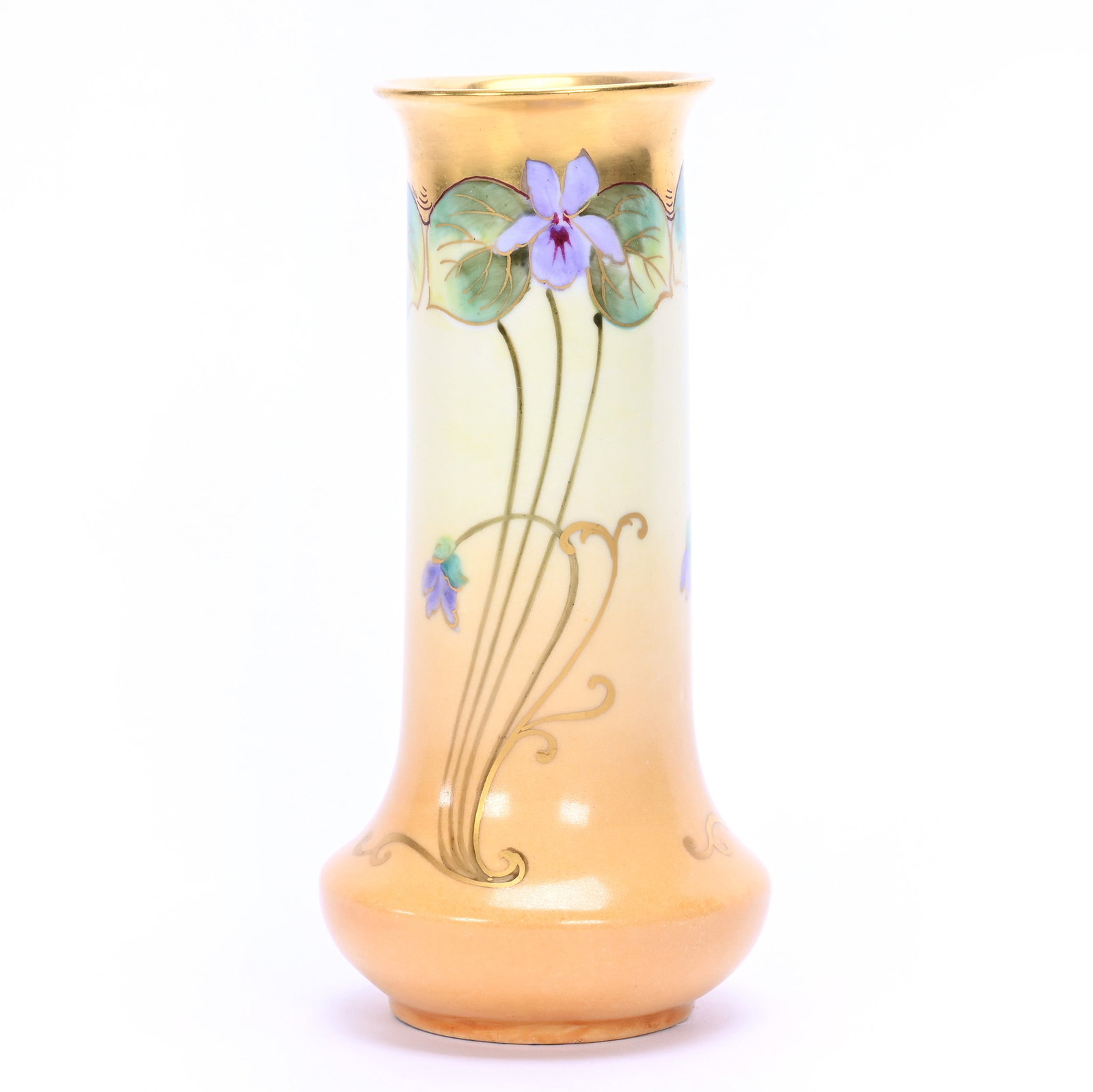 Vase Marked Pickard, Cream And Yellow Tones: Vase Marked Pickard, Cream And Yellow Tones, 5.75" x 3", Violet And Green Leaf Decor, Gold Trim, Artist Signed W. Lenke, Ed Kukla Estate Collection, MI.