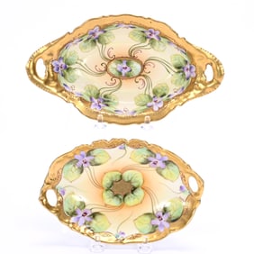 (2) Relish Trays Marked Pickard, Violet And Green Leaf Pattern, Artist Signed Kriesche