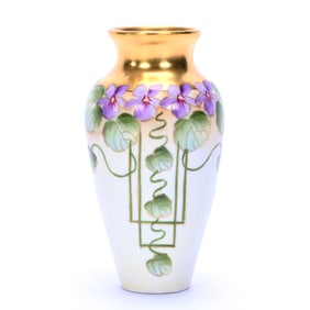 Vase Marked Pickard, Cream Tones, Violet And Green Leaf Decor