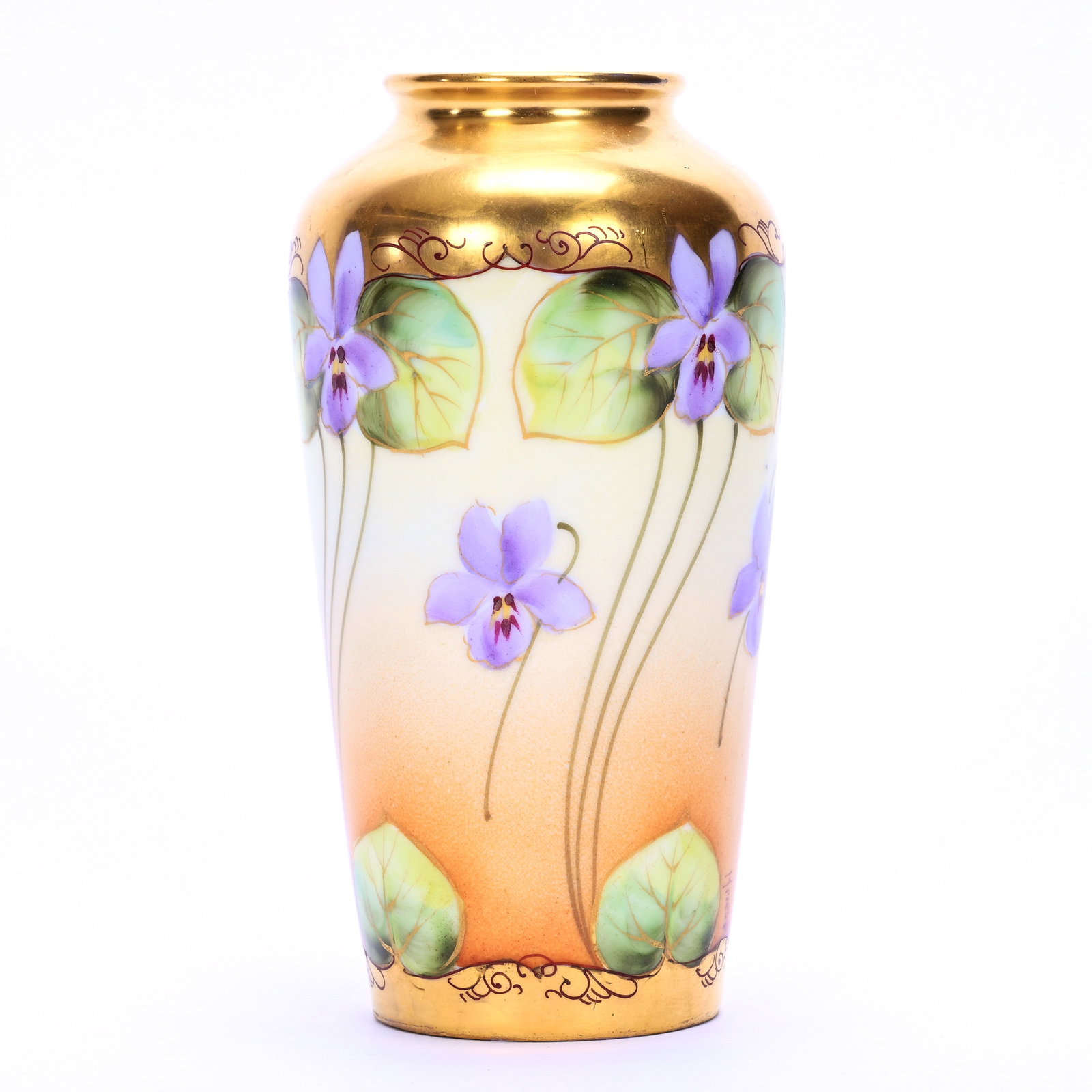 Vase Marked Pickard, Cream Background: Vase Marked Pickard, Cream Background, 5" x 2.75", Violet & Green Leaf Design, Heavy Gold, Artist Signed G.B., Ed Kukla Estate Collection, MI.