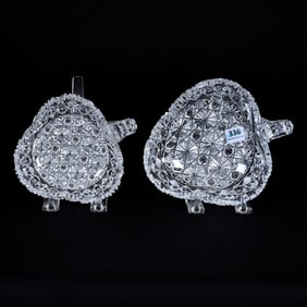 (2) Nappies, Handled, Tri-Corner, American Brilliant Cut Glass, Russian Pattern With Star Cut