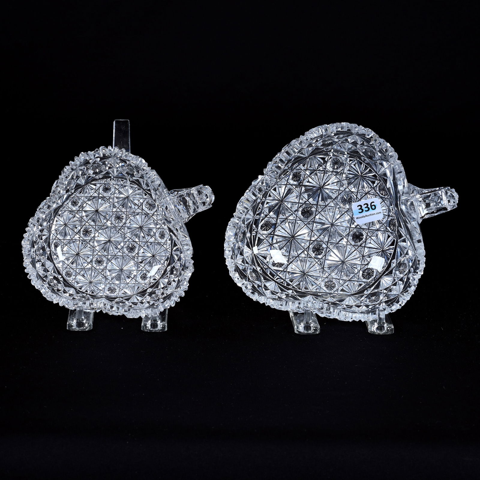 (2) Nappies, Handled, Tri-Corner, American Brilliant Cut Glass, Russian Pattern With Star Cut (1 of 2)