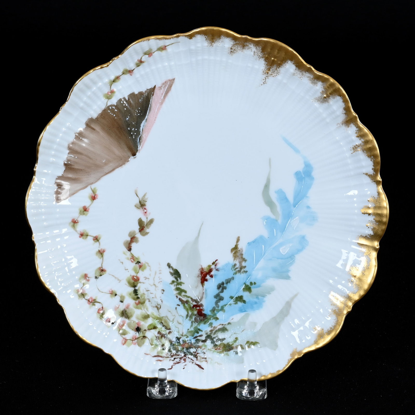 Plate Marked M.R. Limoges, White With Underwater Foliage Decor: Plate Marked M.R. Limoges, White With Underwater Foliage Decor, 9", Gold Trim, Ed Kukla Estate Collection, MI.