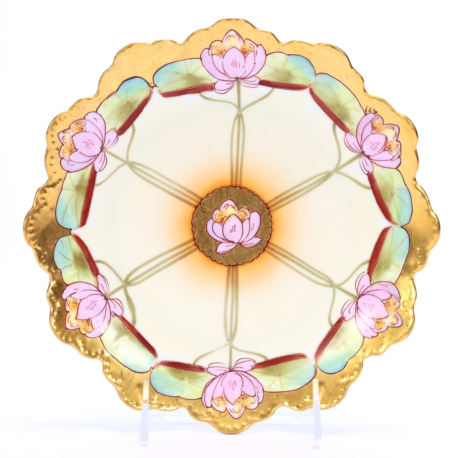 Plate Marked Pickard, Cream Ground, Waterlily Decor: Plate Marked Pickard, Cream Ground, Waterlily Decor, 9", Heavy Gold Border, Artist Signed H.E.M., Ed Kukla Estate Collection, MI.
