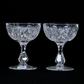 Pair Champagne Stems, American Brilliant Cut Glass, Signed Libbey Imperial Pattern