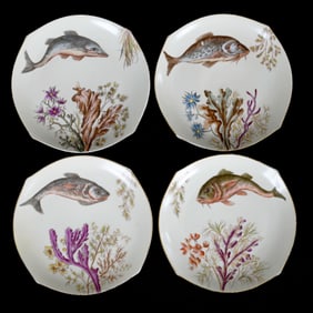 (4) Plates Marked Limoges, Game Fish, Underwater Scenic Decor