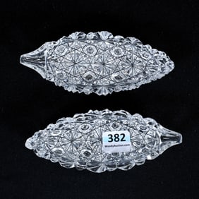 (2) Nut Dishes, Leaf Shape, American Brilliant Cut Glass, Russian Pattern, Star Cut Buttons