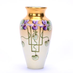 Vase Marked Pickard, Cream Ground With Violet & Green Leaf Decor