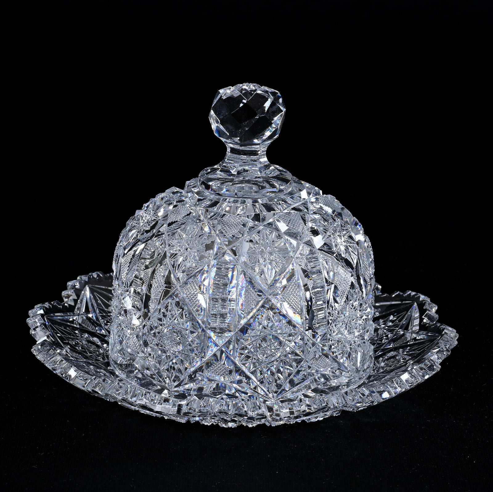 Covered Butterdish, American Brilliant Cut Glass, Juliette Pattern By Irving: Covered Butterdish, American Brilliant Cut Glass, Juliette Pattern By Irving, 5.5" x 8", Hobstar Cut Finial, Underplate With Rim Chip, Ed Kukla Estate Collection, MI.