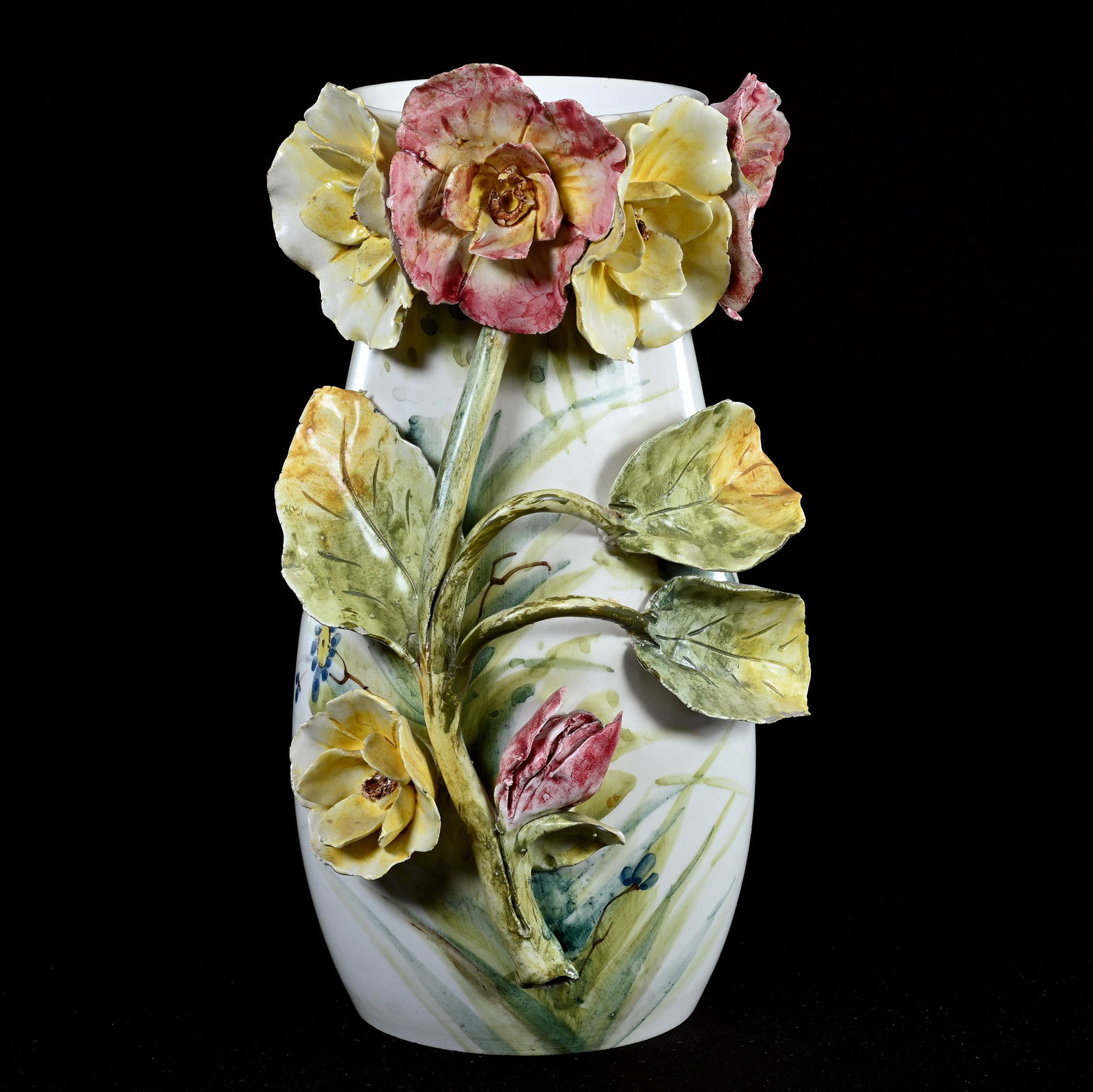 Vase Marked Czechoslovakia: Vase Marked Czechoslovakia, 10.75" x 6", White With Three Dimensional Applied Rose Blossoms, Petal Repair, Ed Kukla Estate Collection, MI.