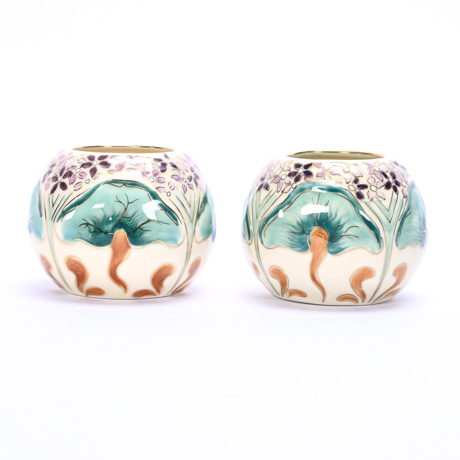 Pair Rosebowls Marked Zsolnay: Pair Rosebowls Marked Zsolnay, 2.75" x 3.5", Cream Tones With Mushroom And Floral Decor, #7256/A, Ed Kukla Estate Collection, MI.
