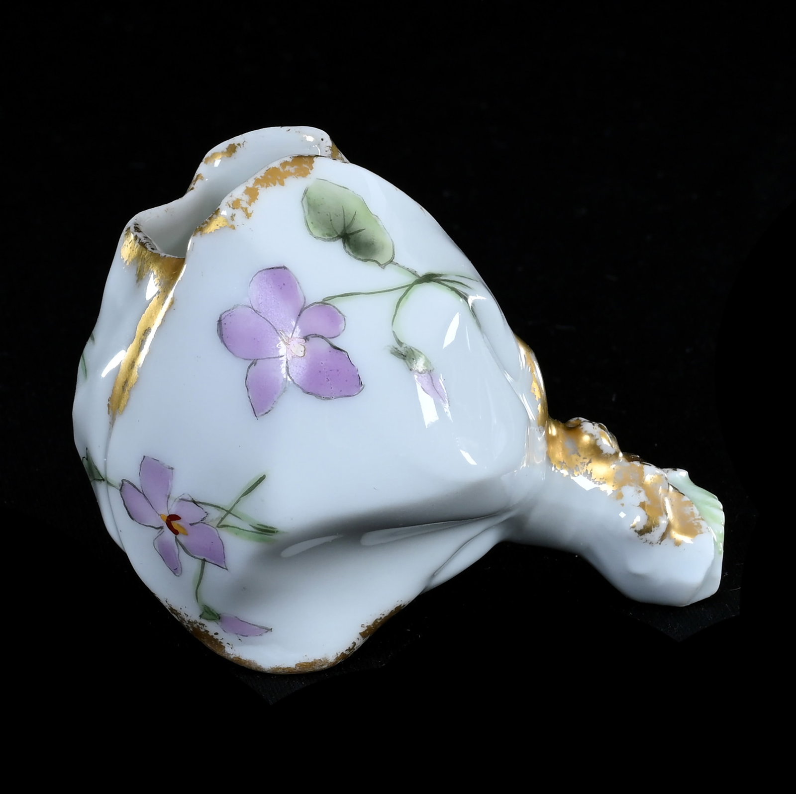 Match Holder Marked Limoges: Match Holder Marked Limoges, 2.5" x 3.25", White Floral Blossom Shape With Violet Decor And Gold Highlights, Artist Signed, Ed Kukla Estate Collection, MI.