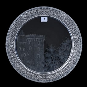Round Tray, American Brilliant Cut Glass, Engraved Castle Scene, Kohinoor Border By Hawkes