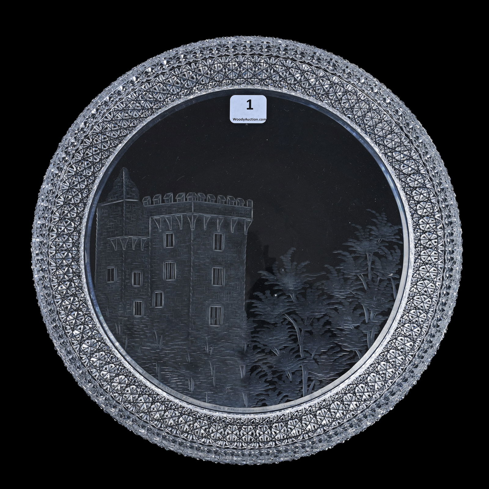 Round Tray, American Brilliant Cut Glass, Engraved Castle Scene, Kohinoor Border By Hawkes