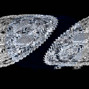 Oval Bowl, American Brilliant Cut Glass, Isabella Pattern By Libbey: Oval Bowl, American Brilliant Cut Glass, Isabella Pattern By Libbey, 2.5" x 9" x 6.25", Excellent Cutting, Good Fluorescence Under Black Light, Must See, Mike & Sandra Hackney, Georgia.