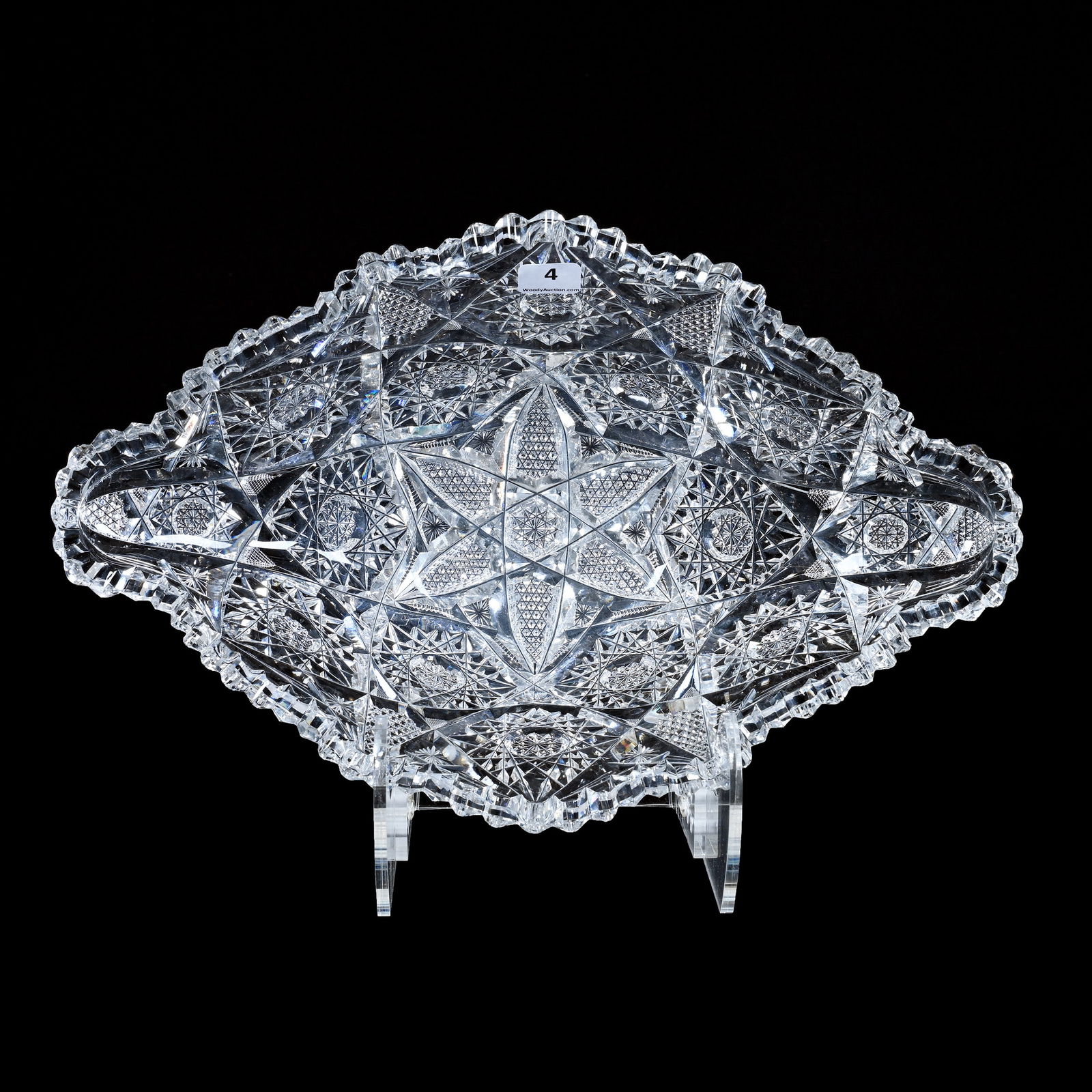Napoleon Hat Bowl, American Brilliant Cut Glass, Six Sections Of Hobstar, Vesica, Nailhead Diamond,: Napoleon Hat Bowl, American Brilliant Cut Glass, Six Sections Of Hobstar, Vesica, Nailhead Diamond, Star & Fan Motif, 4.25" x 13.75" x 8.5", One Tooth With Minor Chip, Georgia Private Collection.