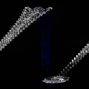 Trumpet Vase, American Brilliant Cut Glass, Signed Hawkes Teutonic Pattern: Trumpet Vase, American Brilliant Cut Glass, Signed Hawkes Teutonic Pattern, 13.75" x 5.25", Pattern Also Known Easter, Scalloped Hobstar Foot, Excellent Blank, Georgia Private Collection.