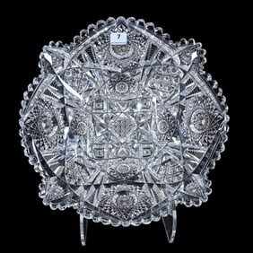 Square Bowl, American Brilliant Cut Glass, Deeply Cut Hobstars, Cane, Strawberry Diamond, Hex Head &