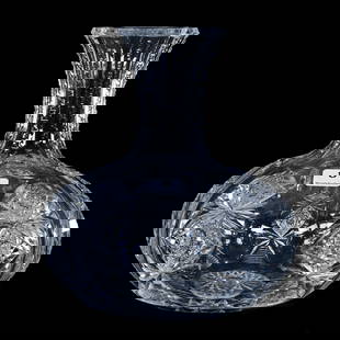 Water Carafe, American Brilliant Cut Glass, Signed Hawkes Teutonic Pattern: Water Carafe, American Brilliant Cut Glass, Signed Hawkes Teutonic Pattern, 7" x 6.5", Pattern Also Known Easter, Scalloped Hobstar Foot, Excellent Blank, Georgia Private Collection.