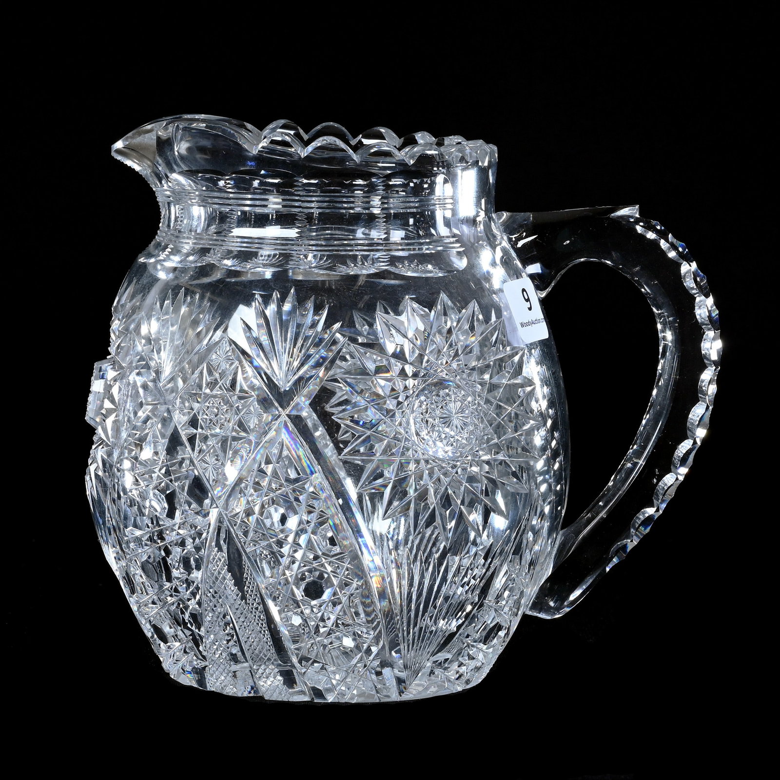 Bulbous Milk Pitcher, American Brilliant Cut Glass, Chrysanthemum Pattern By Hawkes: Bulbous Milk Pitcher, American Brilliant Cut Glass, Chrysanthemum Pattern By Hawkes, 6.25" x 6.75", Triple Notched Handle, Ray Cut Base, Mike & Sandra Hackney, Georgia.