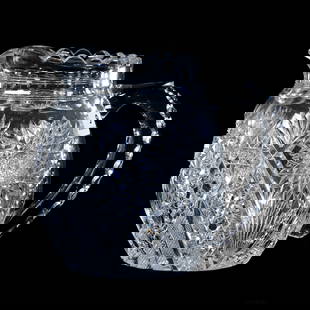 Bulbous Milk Pitcher, American Brilliant Cut Glass, Chrysanthemum Pattern By Hawkes: Bulbous Milk Pitcher, American Brilliant Cut Glass, Chrysanthemum Pattern By Hawkes, 6.25" x 6.75", Triple Notched Handle, Ray Cut Base, Mike & Sandra Hackney, Georgia.